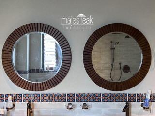 Teak Round Wall Mirror -Stripes Design.