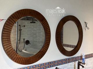Teak Round Wall Mirror -Stripes Design.